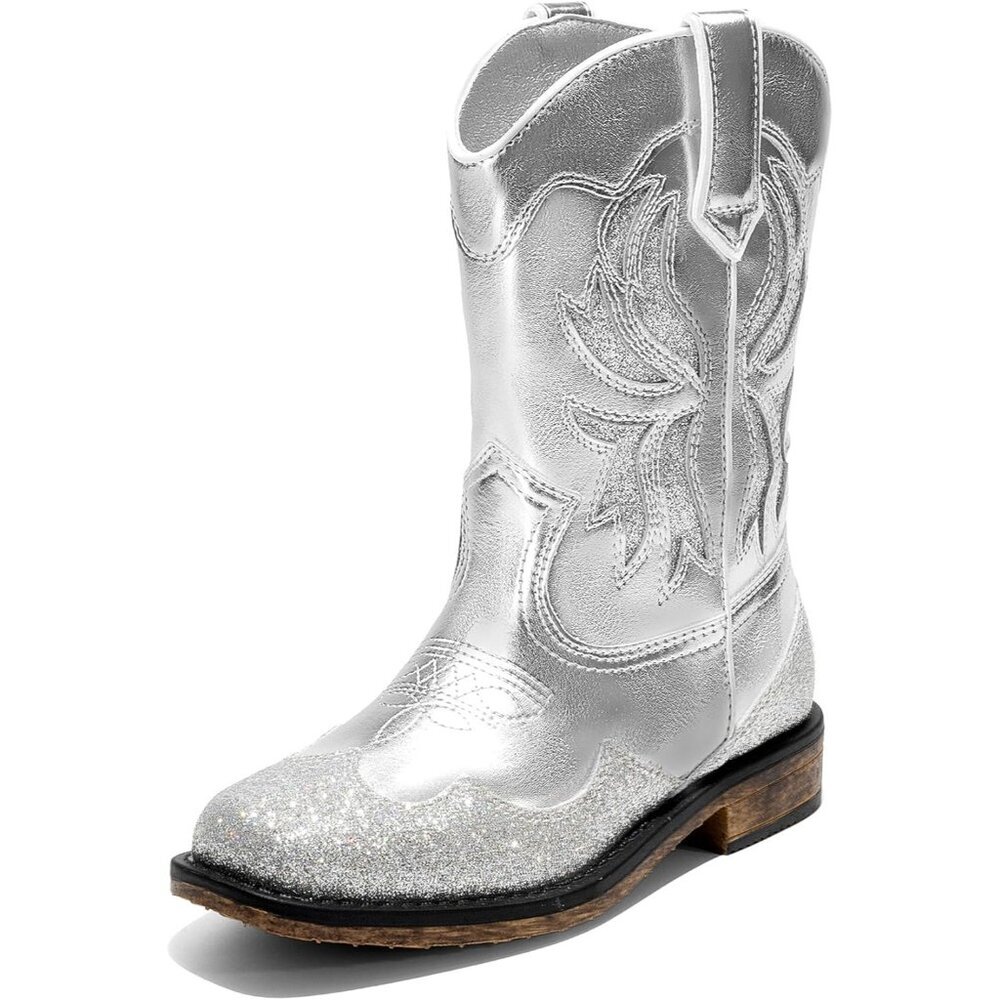 ⚡Girls Silver Square Toe Mid Calf Cowgirl Boots Western Fashion Riding Shoes